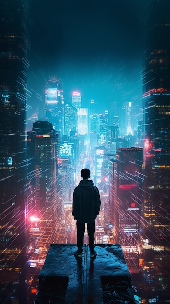 Guerriero cyberpunk che guarda sopra la città