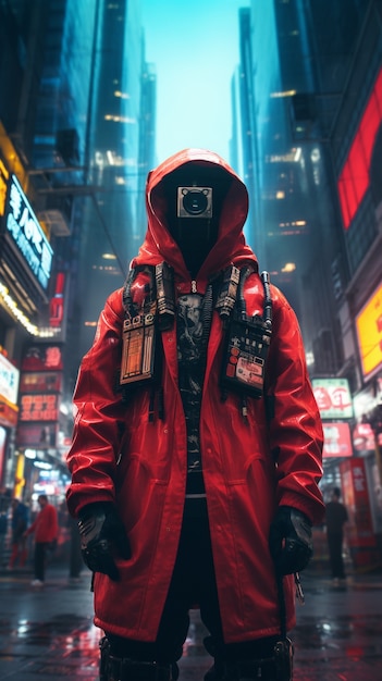 Guerriero cyberpunk in uno scenario urbano