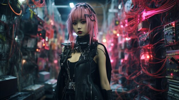 Guerriero donna cyberpunk nel paesaggio urbano