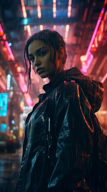 Guerriero donna cyberpunk nel paesaggio urbano