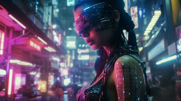 Guerriero donna cyberpunk nel paesaggio urbano