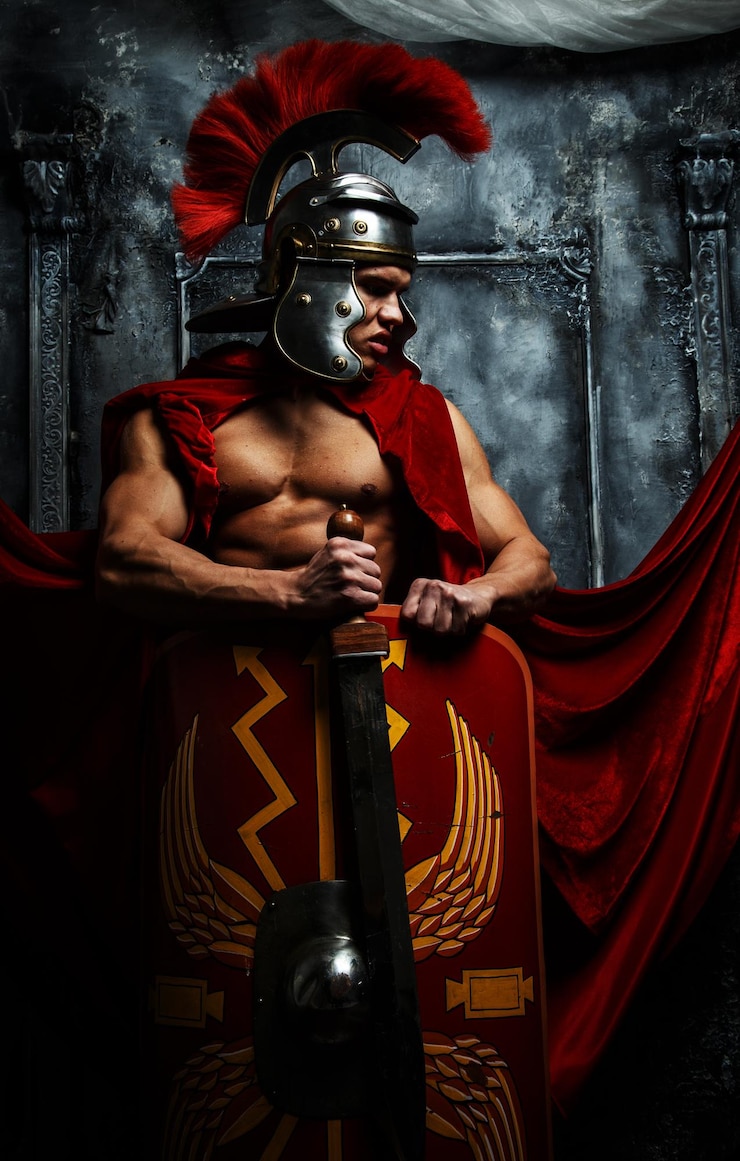 Foto gratuito guerriero romano con corpo muscoloso che tiene spada e scudo