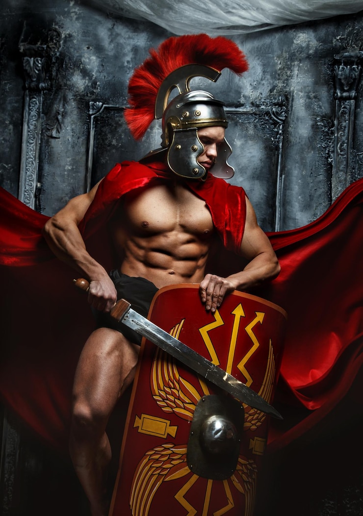 Foto gratuito guerriero romano con corpo muscoloso che tiene spada e scudo
