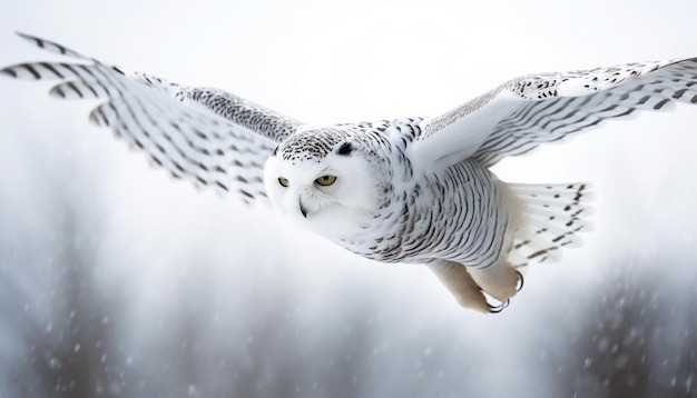 Gufo delle nevi che vola ad ali spiegate bellezza nella natura generata dall'intelligenza artificiale