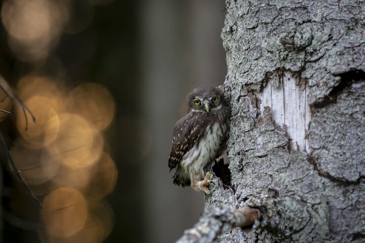 Gufo seduto sul tronco d'albero e guardando la fotocamera