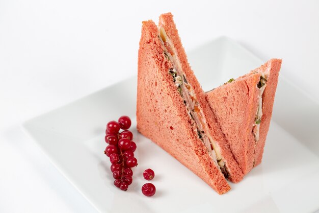 Gustoso panino con pane rosa su un piatto bianco