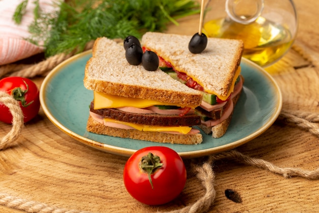 Gustoso panino vista frontale con pomodori prosciutto di oliva all'interno del piatto insieme a pomodori olio su legno