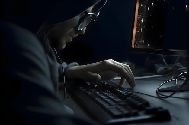 Hacker che ruba dati personali dal computer di notte Concetto di crimine informatico