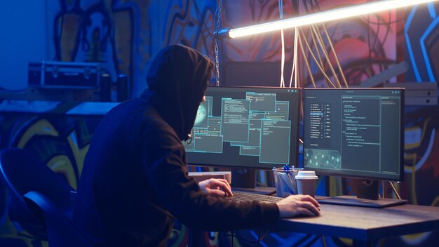 Hacker con cappuccio che arriva in un rifugio sotterraneo nascosto