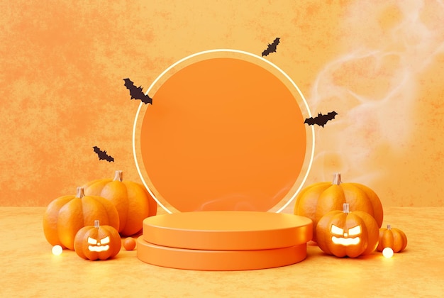 Halloween con il fumo della nuvola e il prodotto del piedistallo del podio della zucca visualizzano l'illustrazione 3d del fondo