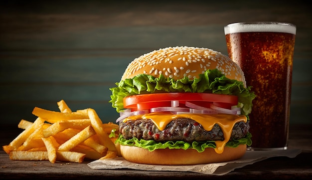 Hamburger alla griglia e patatine fritte cibo generativo AI