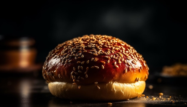 Hamburger alla griglia su panino al sesamo pasto gourmet AI generativo