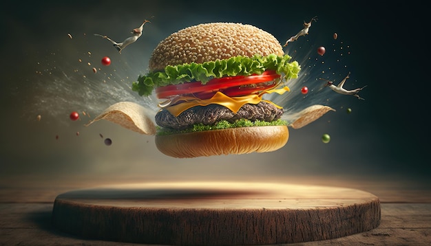 Hamburger che esplode con verdure e formaggio fuso su sfondo nero IA generativa