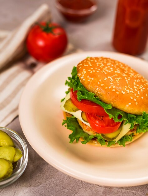 Hamburger classico del primo piano pronto per essere servito