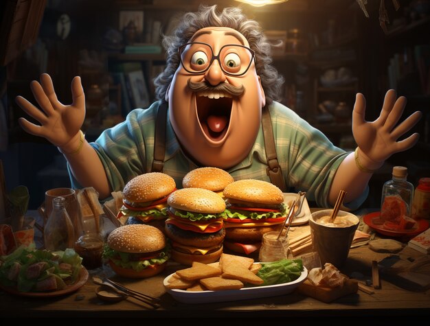 Hamburger delizioso 3d con l'uomo emozionante