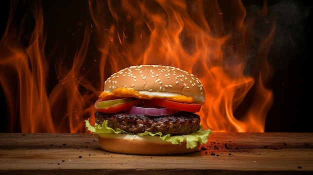 Hamburger delizioso con fuoco