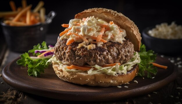 Hamburger di manzo alla griglia con formaggio cheddar e guacamole generati dall'intelligenza artificiale