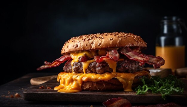 Hamburger di manzo alla griglia con formaggio cheddar e patatine fritte AI generativa