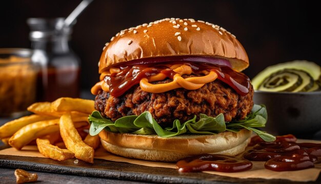 Hamburger di manzo alla griglia con pomodoro, cipolla, formaggio e patatine fritte generati dall'intelligenza artificiale