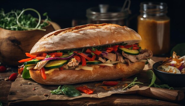 Hamburger di manzo alla griglia su ciabatta con patatine fritte generate da AI