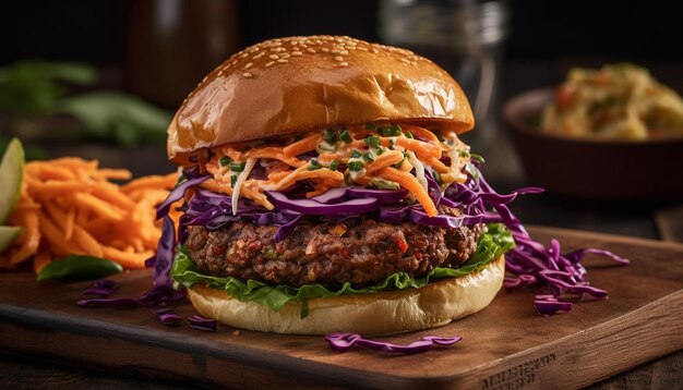 Hamburger di Pulled Pork alla griglia con farina di insalata di cavolo generata dall'intelligenza artificiale