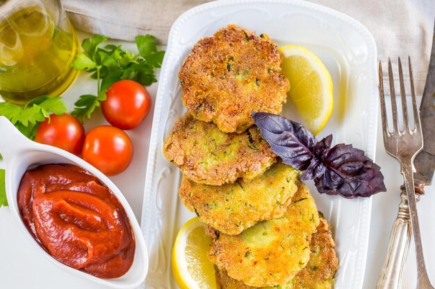 Hamburger vegetariani con salsa e messa a fuoco selettiva di verdure