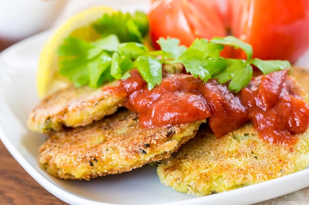 Hamburger vegetariani con salsa e messa a fuoco selettiva di verdure