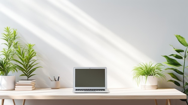 Home office pulito e semplice con una scrivania bianca e piante in vaso