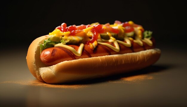 Hot dog alla griglia su panino con ketchup e cipolla generati dall'intelligenza artificiale