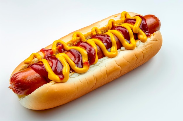 Hot dog classico con ketchup e salsa di senape isolati su fondo bianco