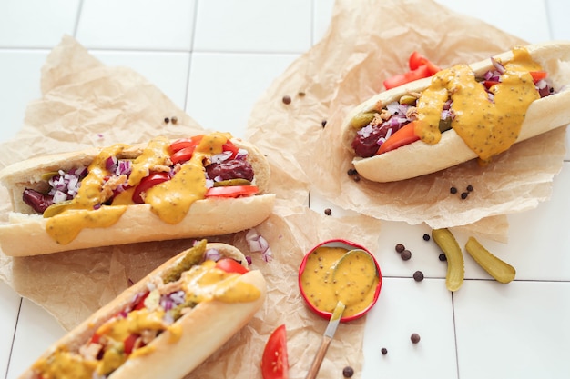 hot dog con salsa sulla superficie bianca