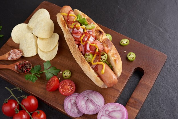 Hot dog di manzo alla griglia gourmet con lati e patatine. Deliziosi e semplici hot dog con senape, pepe, cipolla e nachos. Hot dog completamente caricati con condimenti assortiti su una tavola da paddle.