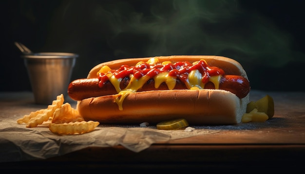 Hot dog di manzo alla griglia su panino con ketchup generato dall'intelligenza artificiale