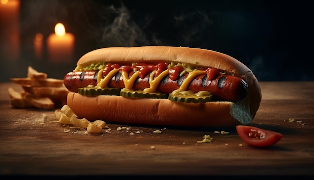 Hot dog di manzo alla griglia su panino, spuntino americano malsano generato dall'intelligenza artificiale