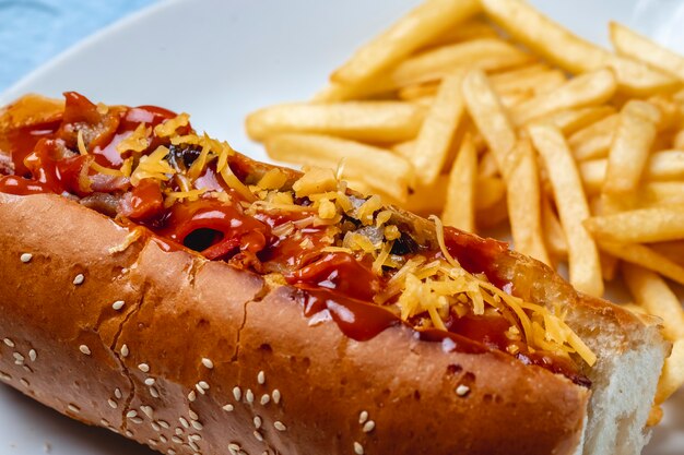 Hot dog di vista laterale grigliato di salsiccia con ketchup caramellato formaggio cipolla e patatine fritte sul tavolo