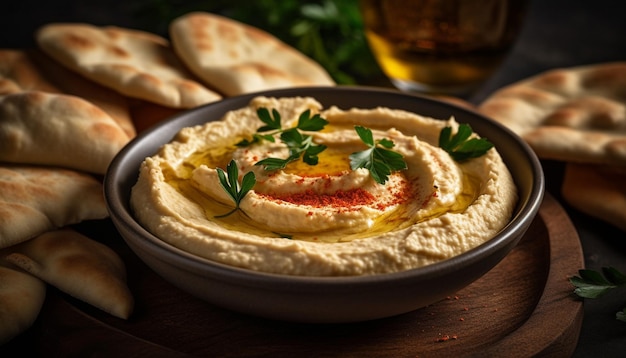 Hummus fresco spalmato su antipasto di pane pita generato dall'intelligenza artificiale