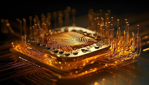 I chip di computer incandescenti di fila illuminano la tecnologia generata dall'intelligenza artificiale