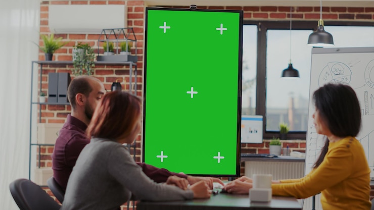 Foto gratuito i colleghi si incontrano in ufficio con lo schermo verde sul monitor in verticale per pianificare la strategia aziendale. squadra eterogenea di persone che guardano lo spazio della copia mockup con modello isolato e chiave cromatica.