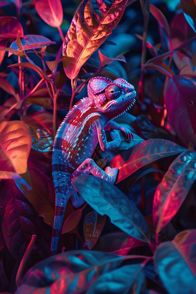 Foto gratuito i colori luminosi del neon brillano sul camaleonte selvatico