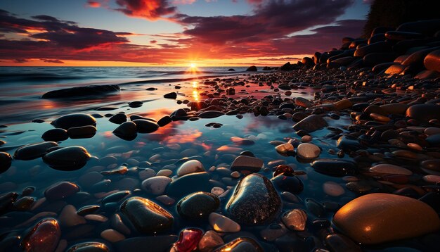 I colori vibranti della scena tranquilla del tramonto sull'acqua riflettono la bellezza generata dall'intelligenza artificiale