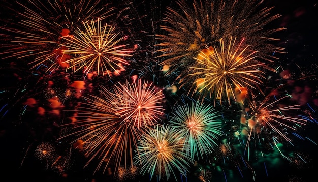 I colori vivaci illuminano i fuochi d'artificio che esplodono di notte generati dall'intelligenza artificiale