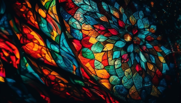 Foto gratuito i colori vivaci illuminano il motivo frattale sullo sfondo di vetro generato dall'intelligenza artificiale