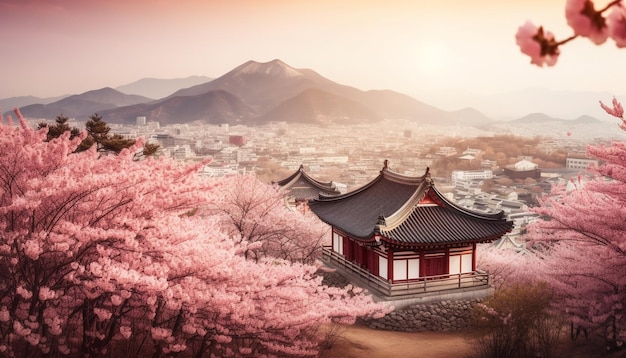 I fiori di ciliegio rosa adornano la famosa pagoda di montagna generata dall'IA