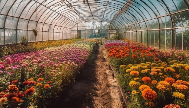 I fiori freschi sbocciano nel vivaio di piante in serra generato dall'IA