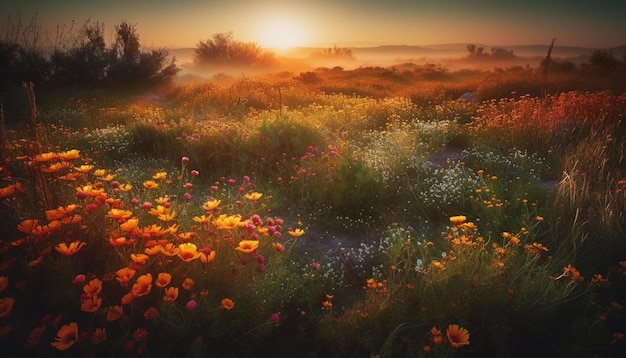 I fiori selvatici del prato al tramonto sbocciano in colori vivaci generati dall'intelligenza artificiale