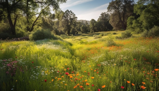 I fiori selvatici sbocciano in un prato tranquillo al tramonto generati dall'intelligenza artificiale