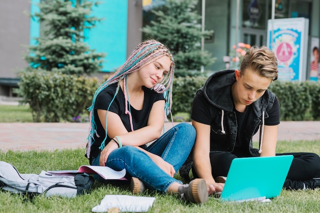 I giovani che si distendono con gli studi nel parco