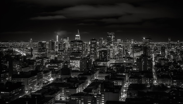 I grattacieli illuminati illuminano il paesaggio urbano moderno generato dall'intelligenza artificiale