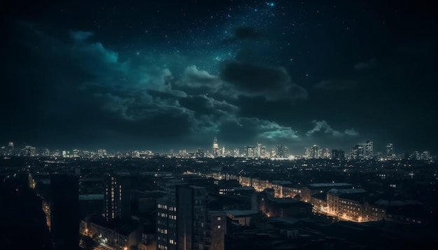 I grattacieli illuminati risplendono nella vita notturna futuristica della città generata dall'intelligenza artificiale