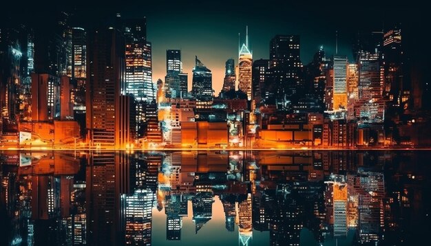 I grattacieli illuminati si riflettono nell'East River al crepuscolo generato dall'intelligenza artificiale